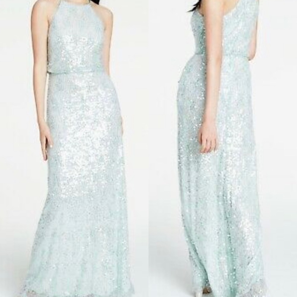 Plus Size Formal Mint Green Sequin Blouson, High Neck Long Maxi Dress- Size 16